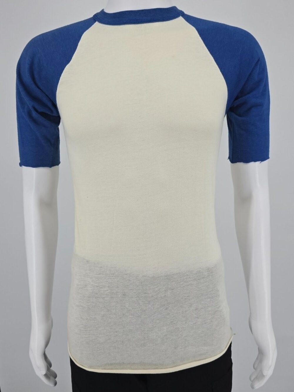 Distressed Vintage 1980s Sneakers Ivory/Blue Blank Raglan Sleeve Baseball Tee -S